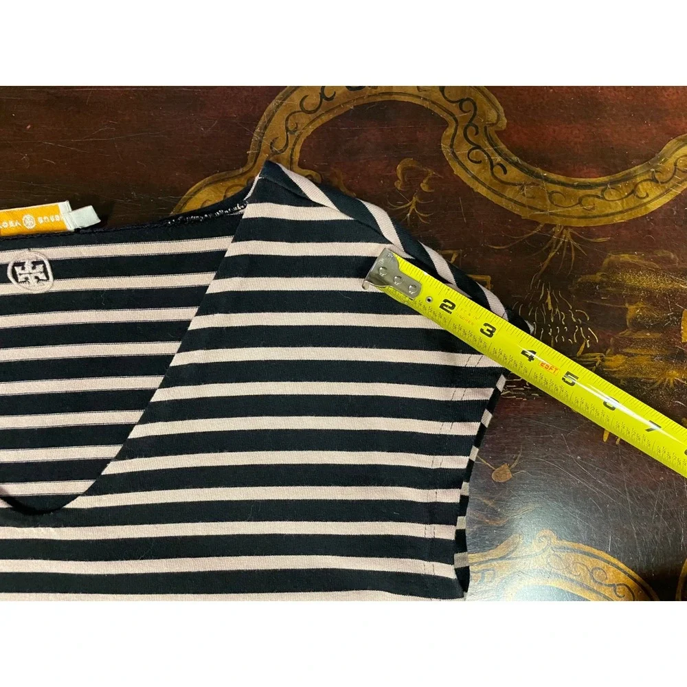 Tory Burch Black Tan Striped Cotton Mini T Shirt Dress Preppy Travel Career M